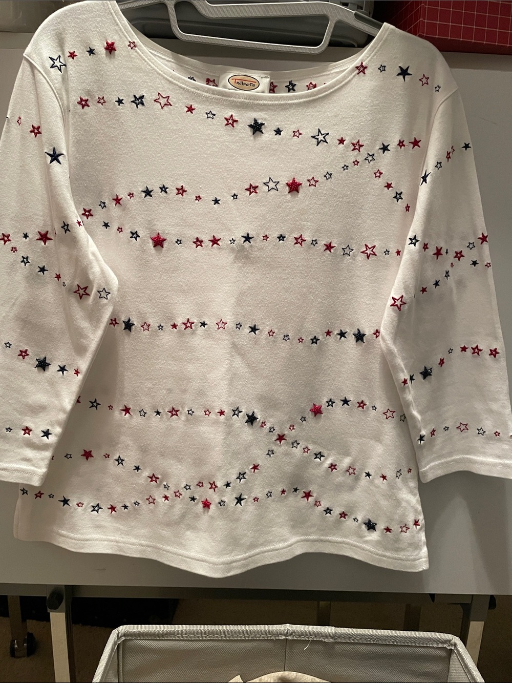 Talbots White Tee with Red and Blue Star Embroidery